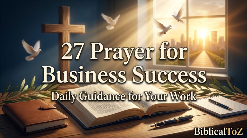 27 Prayer for Business Success featured image with open Holy Bible, cross, business planner, heavenly light, and sunrise symbolizing God's guidance, wisdom, integrity, and success in work and business.