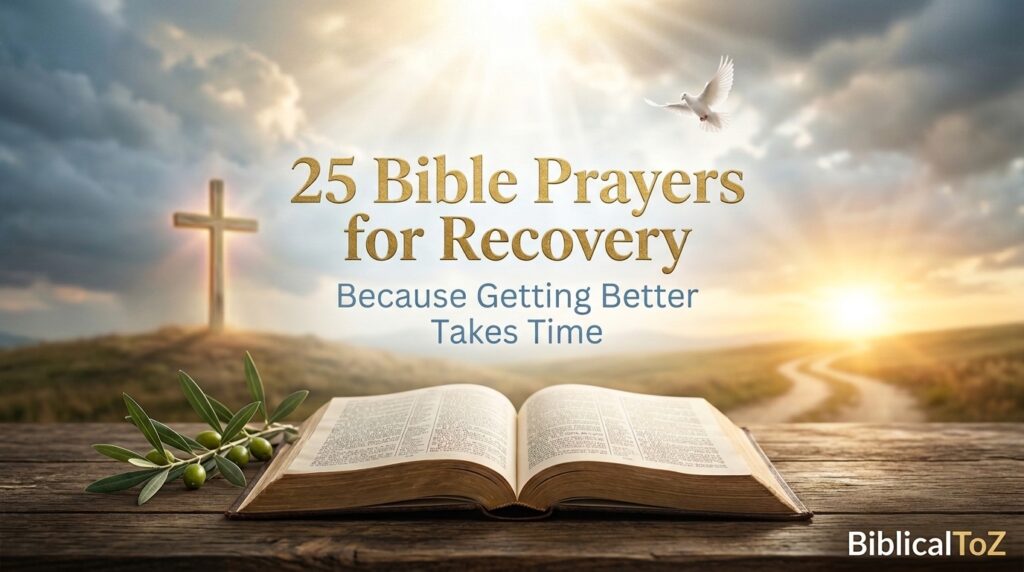 25 Bible Prayers for Recovery featured image with Bible, cross, sunrise and symbols of healing and hope