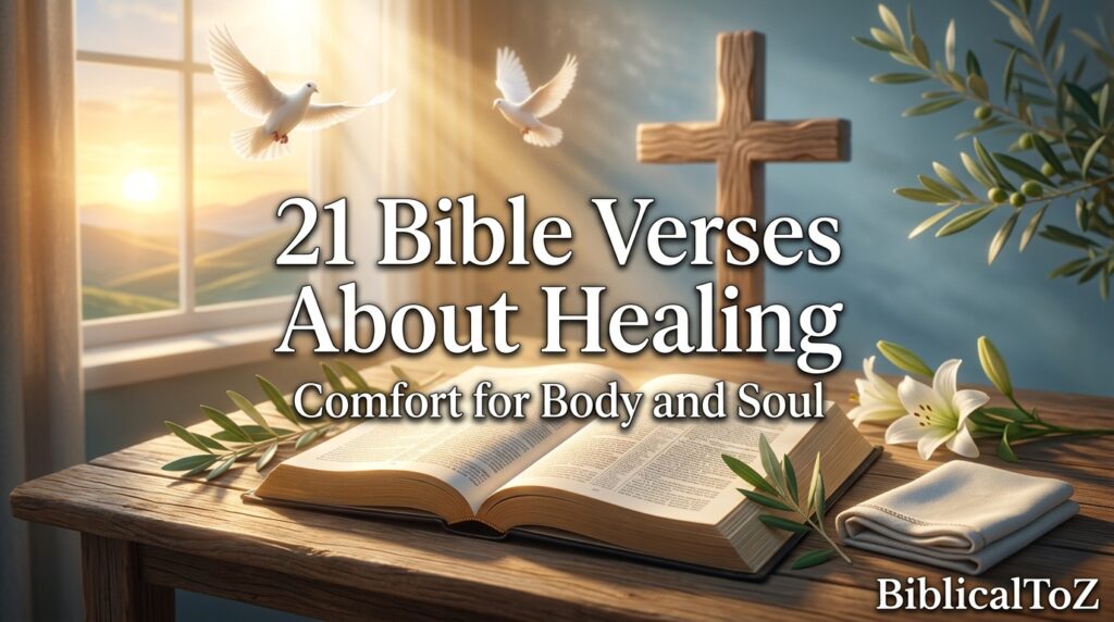 21 Bible Verses About Healing featured image with open Bible, cross, heavenly light, doves, and symbols of God's comfort and restoration for body and soul.