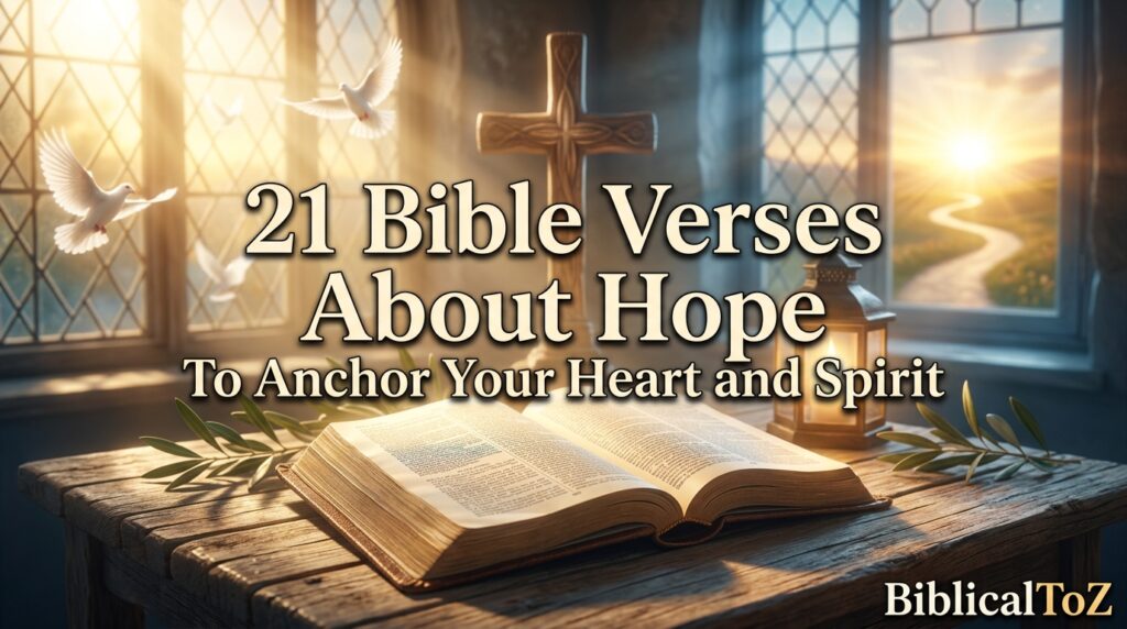 21 Bible Verses About Hope featured image with open Bible, cross, heavenly light, sunrise, and doves symbolizing God's hope, encouragement, and promises for every season.