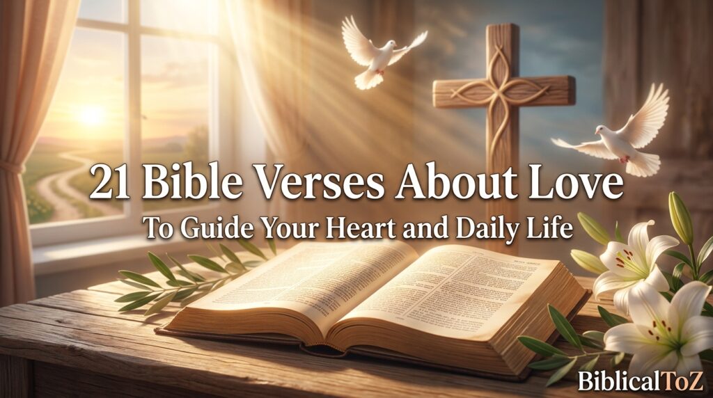 21 Bible Verses About Love featured image with open Holy Bible, cross, heavenly light, white doves, and sunrise symbolizing God's unconditional love, compassion, and guidance for everyday life.