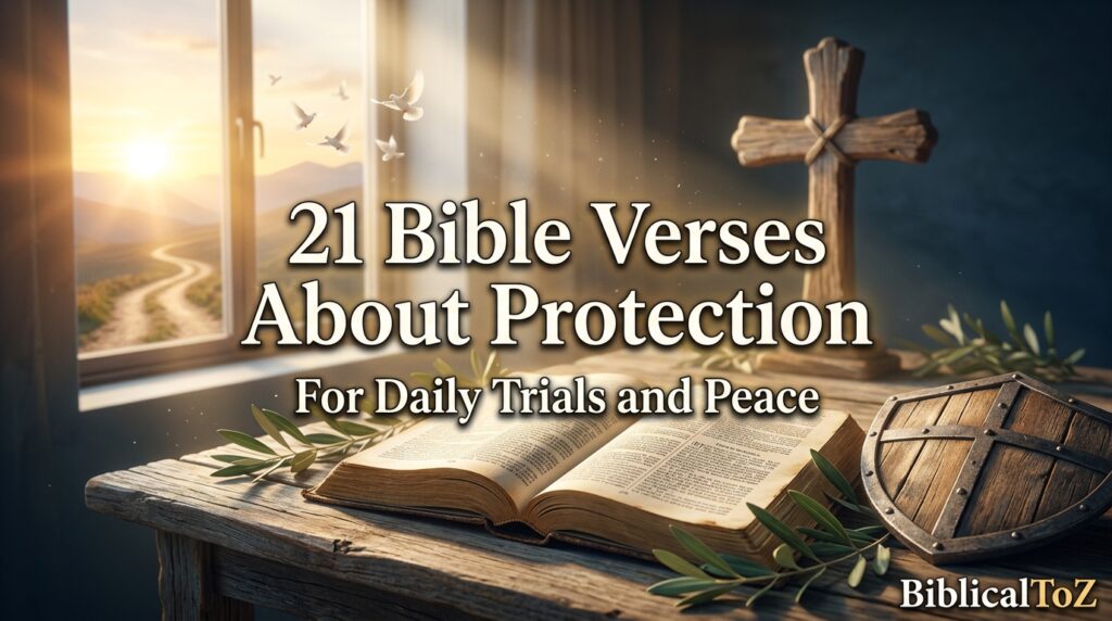 21 Bible Verses About Protection featured image with open Holy Bible, cross, shield, heavenly light, white doves, and sunrise symbolizing God's protection, peace, and guidance through daily trials.