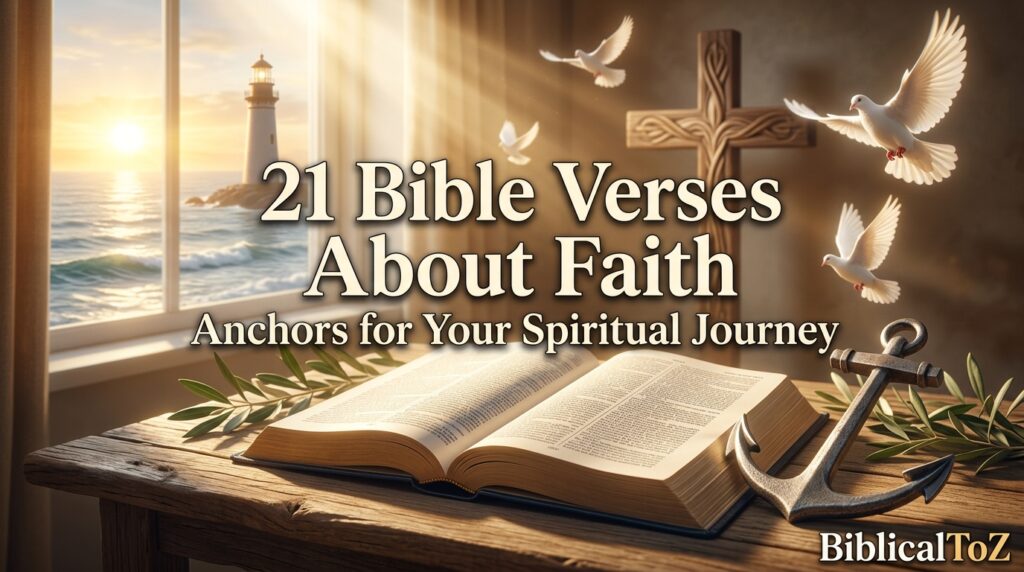 21 Bible Verses About Faith featured image with open Holy Bible, cross, anchor, lighthouse, heavenly light, and sunrise symbolizing steadfast faith, hope, and God's guidance throughout the spiritual journey.