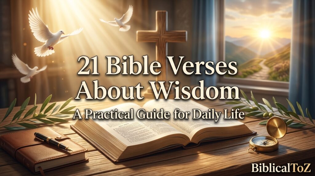 21 Bible Verses About Wisdom featured image with open Holy Bible, cross, compass, prayer journal, heavenly light, and sunrise symbolizing God's wisdom, guidance, and discernment for daily life.
