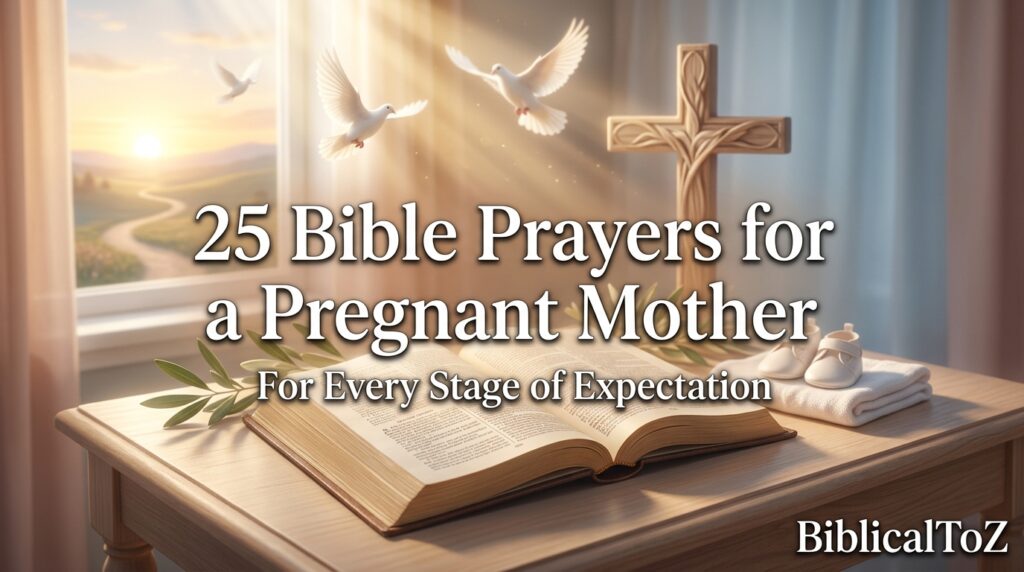 25 Bible Prayers for a Pregnant Mother featured image with open Bible, cross, baby shoes, heavenly light, doves, and sunrise symbolizing faith, protection, and hope throughout pregnancy.