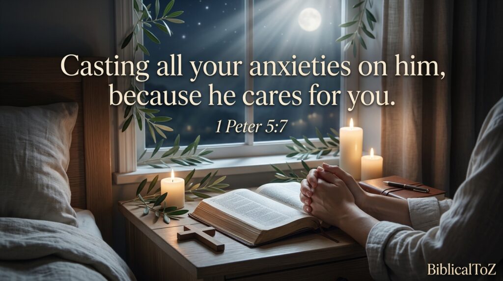 Bible verse about casting anxiety on God with peaceful nighttime prayer setting.