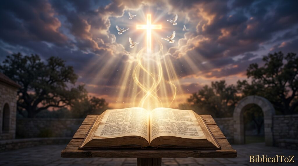 Glowing Bible with golden rays rising toward heaven, symbolizing answered prayer, victory, and God's faithfulness.