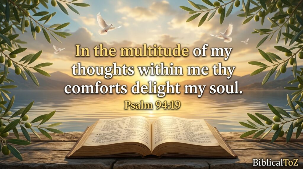 Open Bible with Psalm 94:19 and peaceful waters symbolizing comfort, peace of mind, and God's presence.