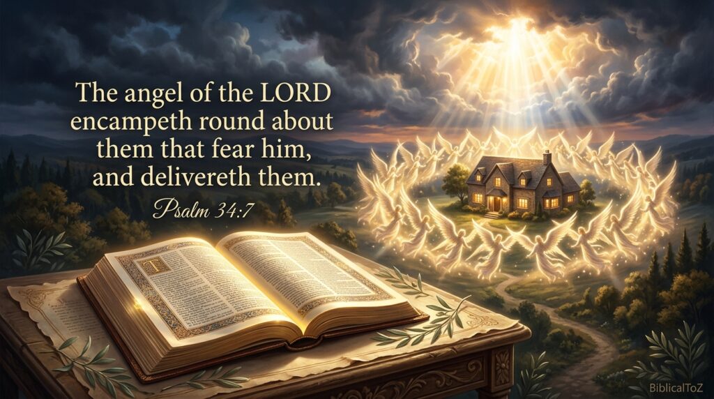 Psalm 34:7 Christian protection image with angels surrounding a home and heavenly light.