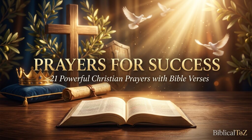 Prayers for Success featured image with Holy Bible, cross, heavenly light and Bible verses.
