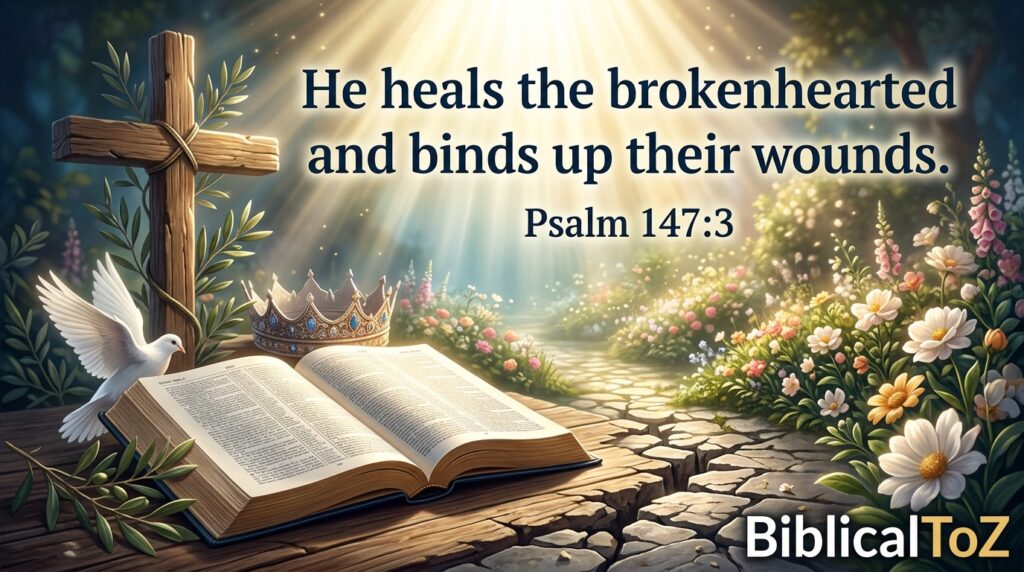 Psalm 147:3 Bible verse about God healing the brokenhearted with open Bible and cross.
