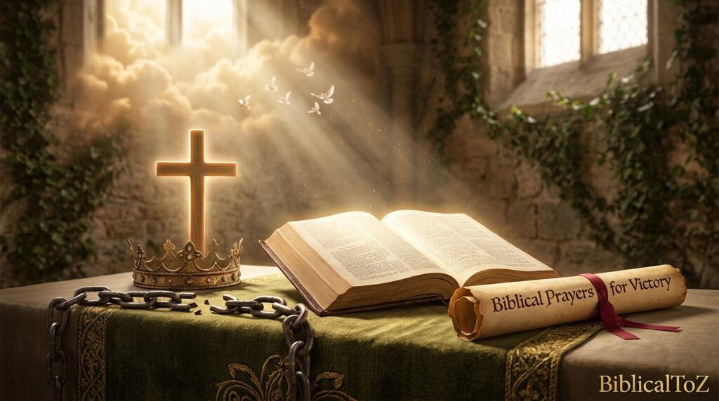 Prayer altar with an open Bible, broken chains, and heavenly light representing victory through faith in Christ.