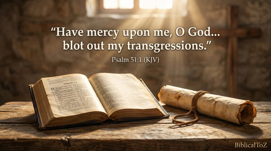 Psalm 51:1 Bible verse about God's mercy and forgiveness.