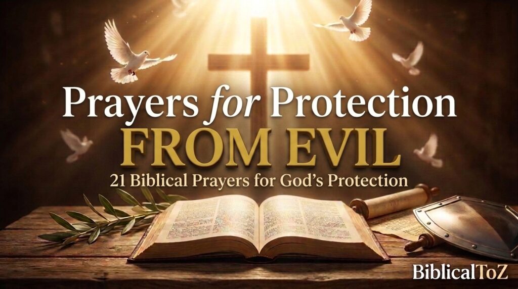 Featured image for Prayers for Protection from Evil with open Bible, cross, heavenly light, shield, and Christian devotional design.