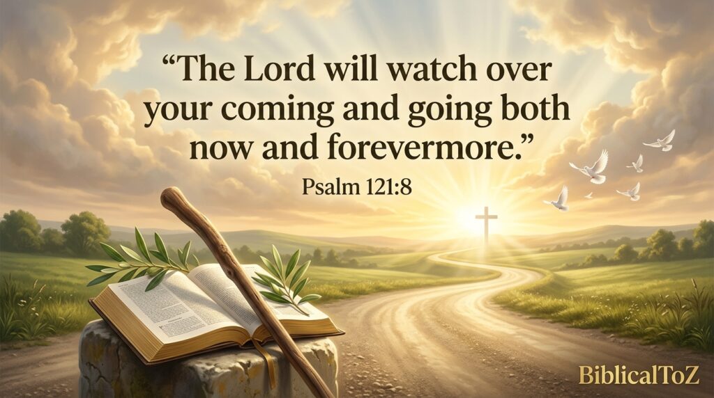 Psalm 121:8 safe journey Bible verse with open Bible, glowing cross, sunrise road, and heavenly Christian devotional artwork.