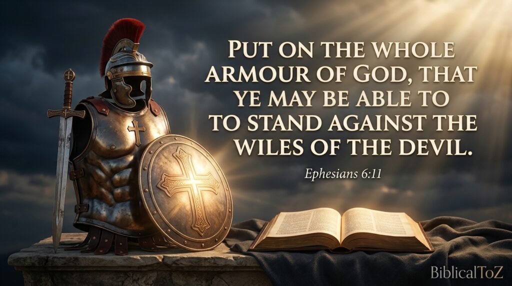 Ephesians 6:11 full armor of God devotional image with Bible, shield, and cross.
