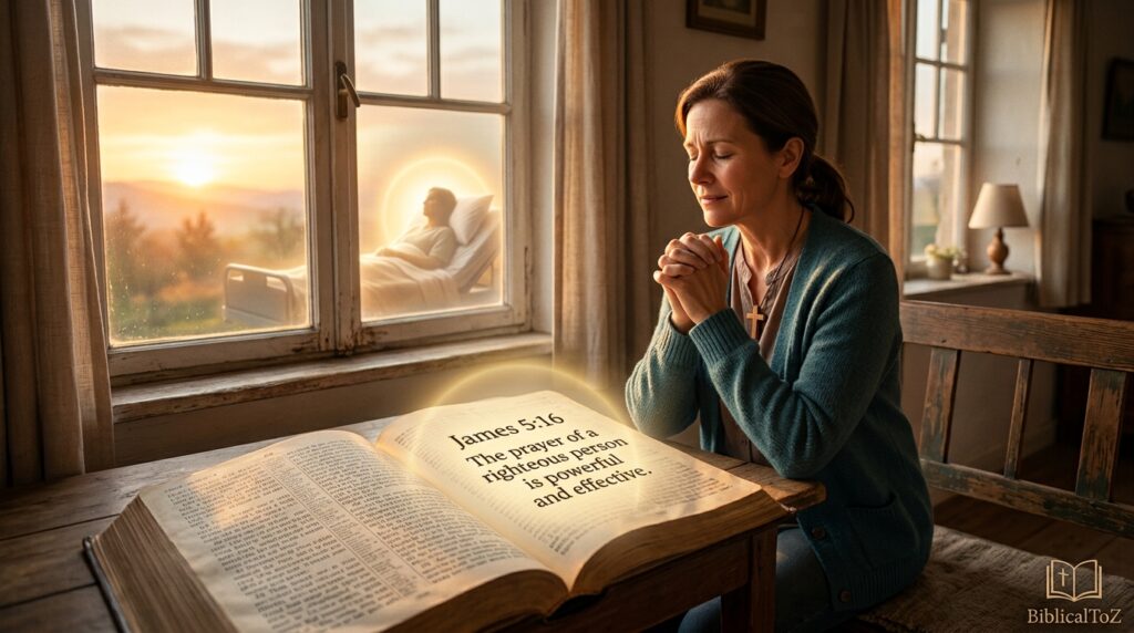 Christian healing prayer for sister with Bible verse and morning prayer scene
