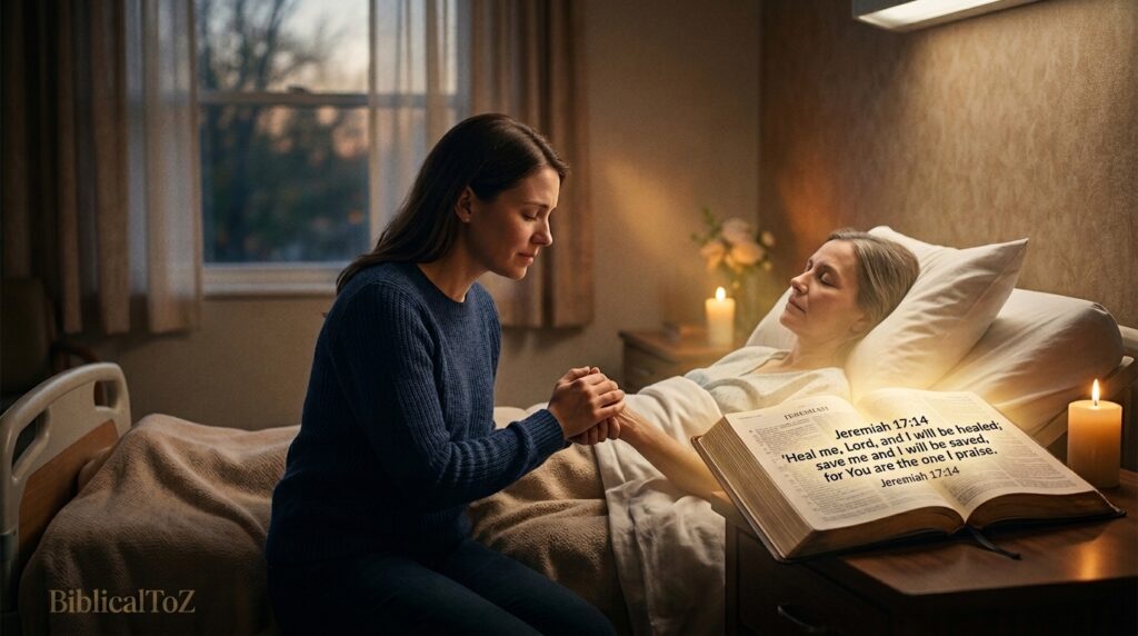 Healing prayer for sister with open Bible, Christian woman praying for God's healing and comfort
