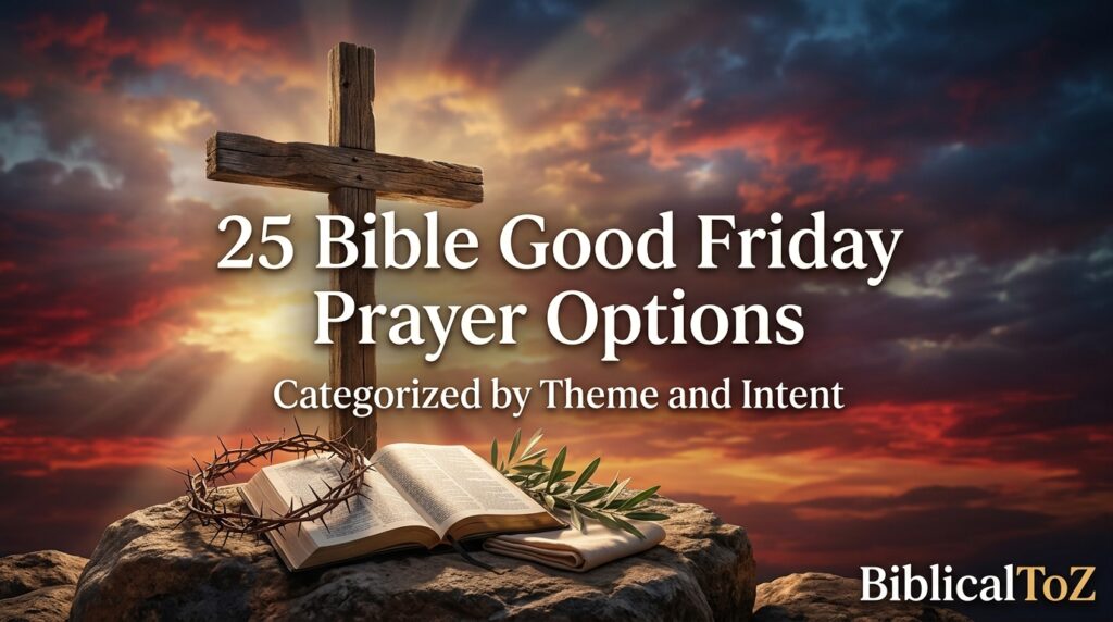 25 Bible Good Friday Prayer Options featured image with cross, crown of thorns, open Bible and heavenly light