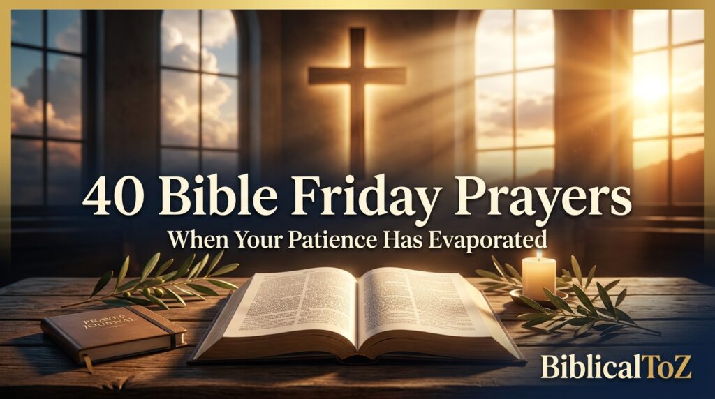 40 Bible Friday Prayers featured image with open Bible, cross, sunset and peaceful Christian devotional theme