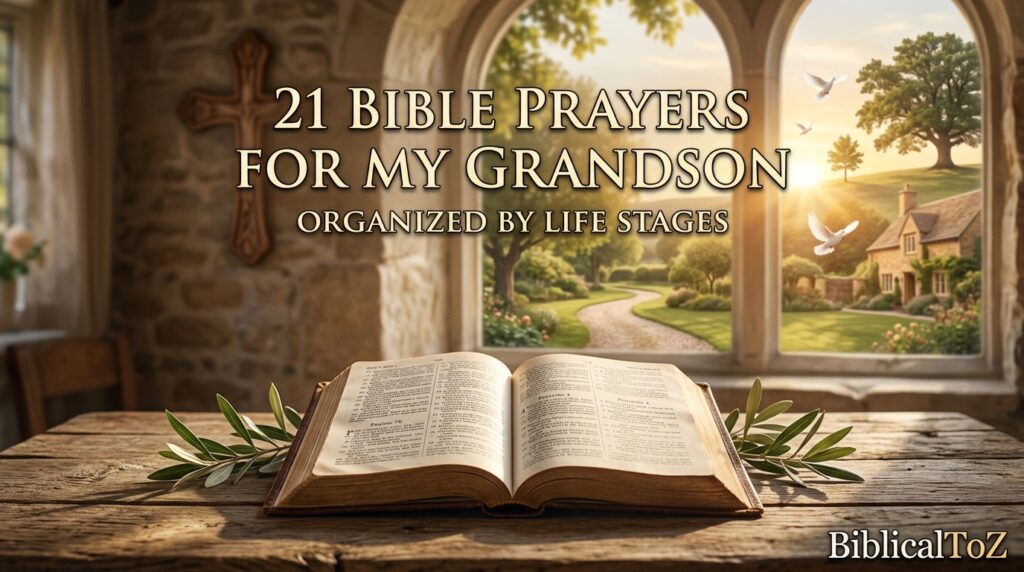 21 Bible Prayers for My Grandson featured image with Bible, cross, heavenly light and symbols of family faith