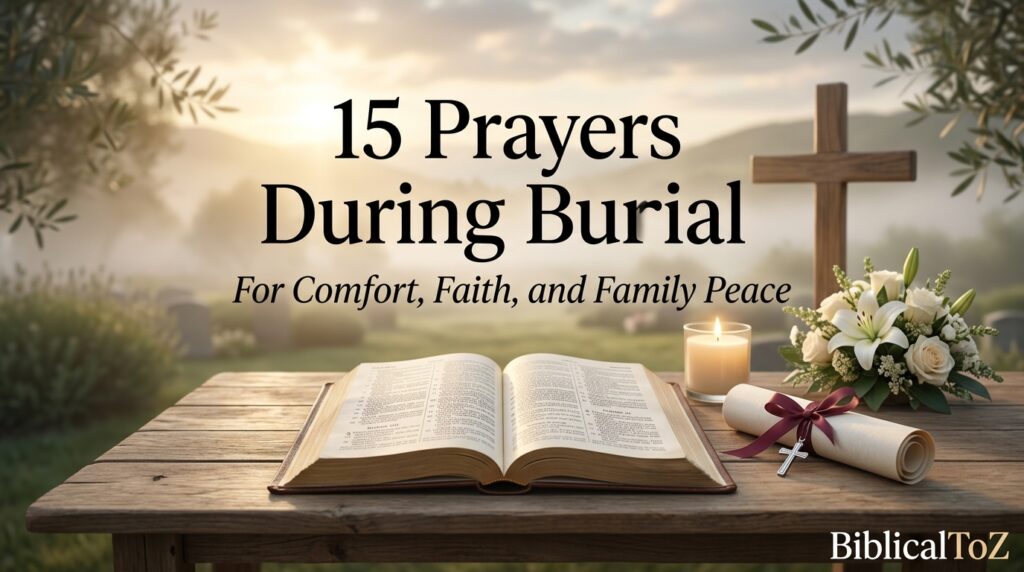 15 prayers during burial for comfort, faith, family peace, hope, and God's presence during a Christian funeral.