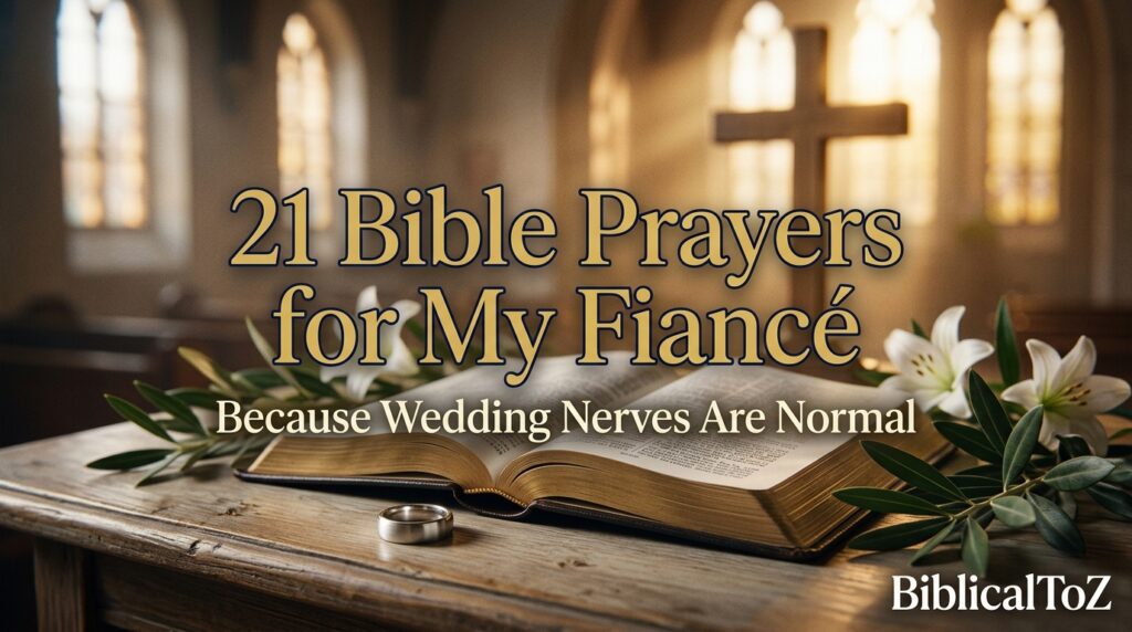 21 Bible Prayers for My Fiancé featured image with Bible, wedding ring, cross and heavenly light