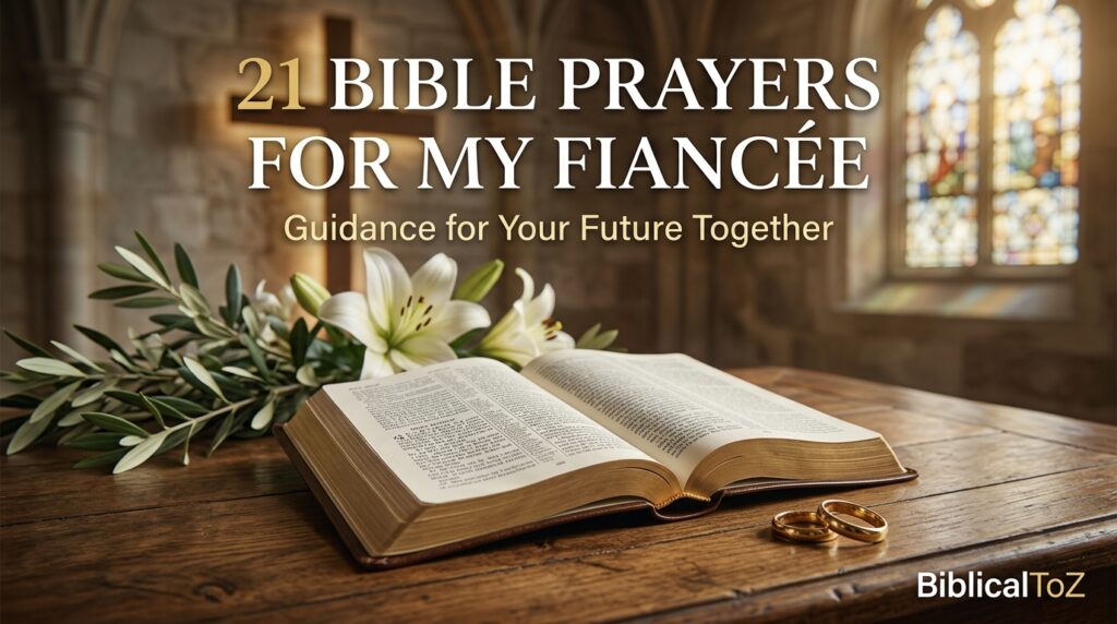 21 Bible Prayers for My Fiancée featured image with Bible, wedding rings, cross and heavenly light