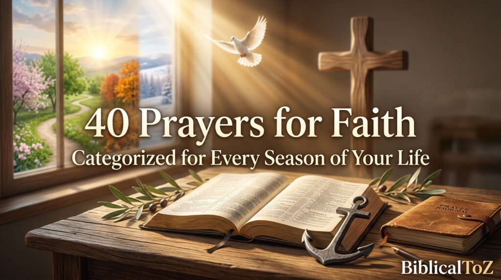 40 Prayers for Faith featured image with open Bible, cross, anchor, dove, seasonal landscape, and heavenly light symbolizing faith through every season of life.
