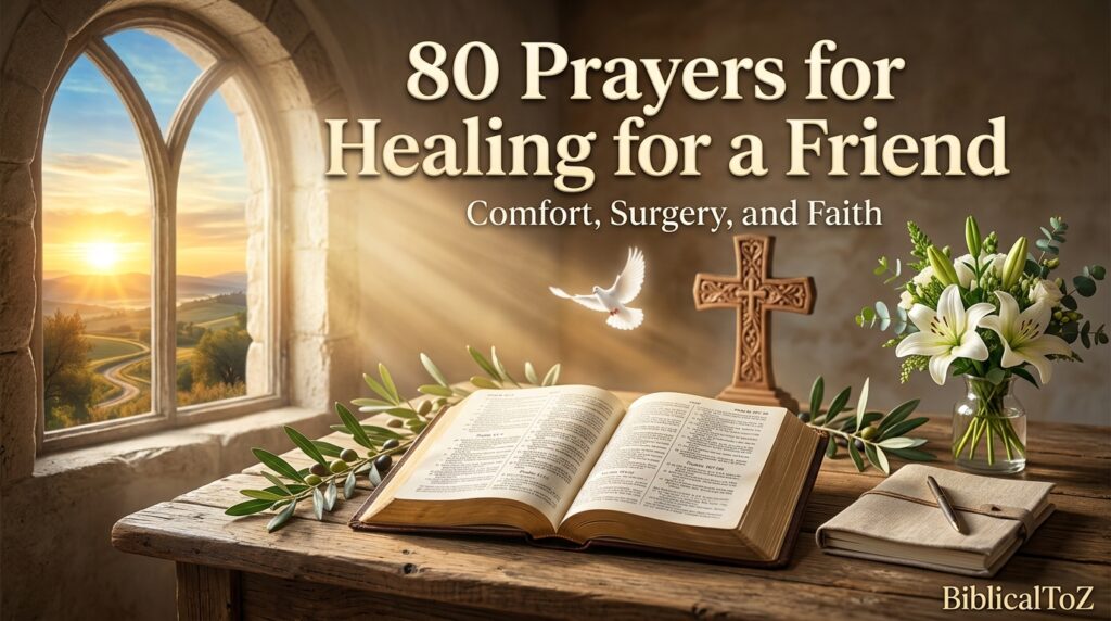 80 Prayers for Healing for a Friend featured image with open Bible, cross, heavenly light, and symbols of hope and restoration.
