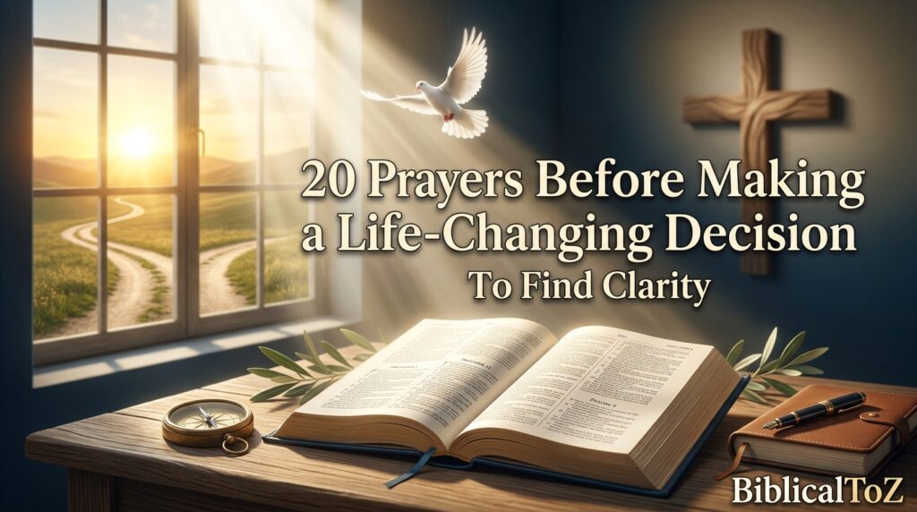 20 Prayers Before Making a Life-Changing Decision featured image with open Bible, cross, compass, prayer journal, winding path, and heavenly light symbolizing God's guidance and clarity.